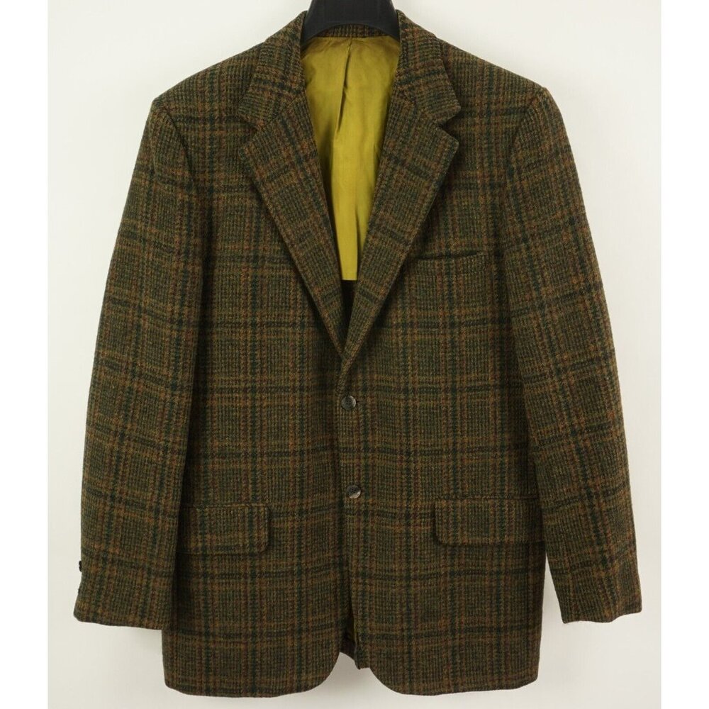 Vintage 1950s Penneys x Harris Tweed 42R Green Orange Shadow Plaid‎ Sport Coat